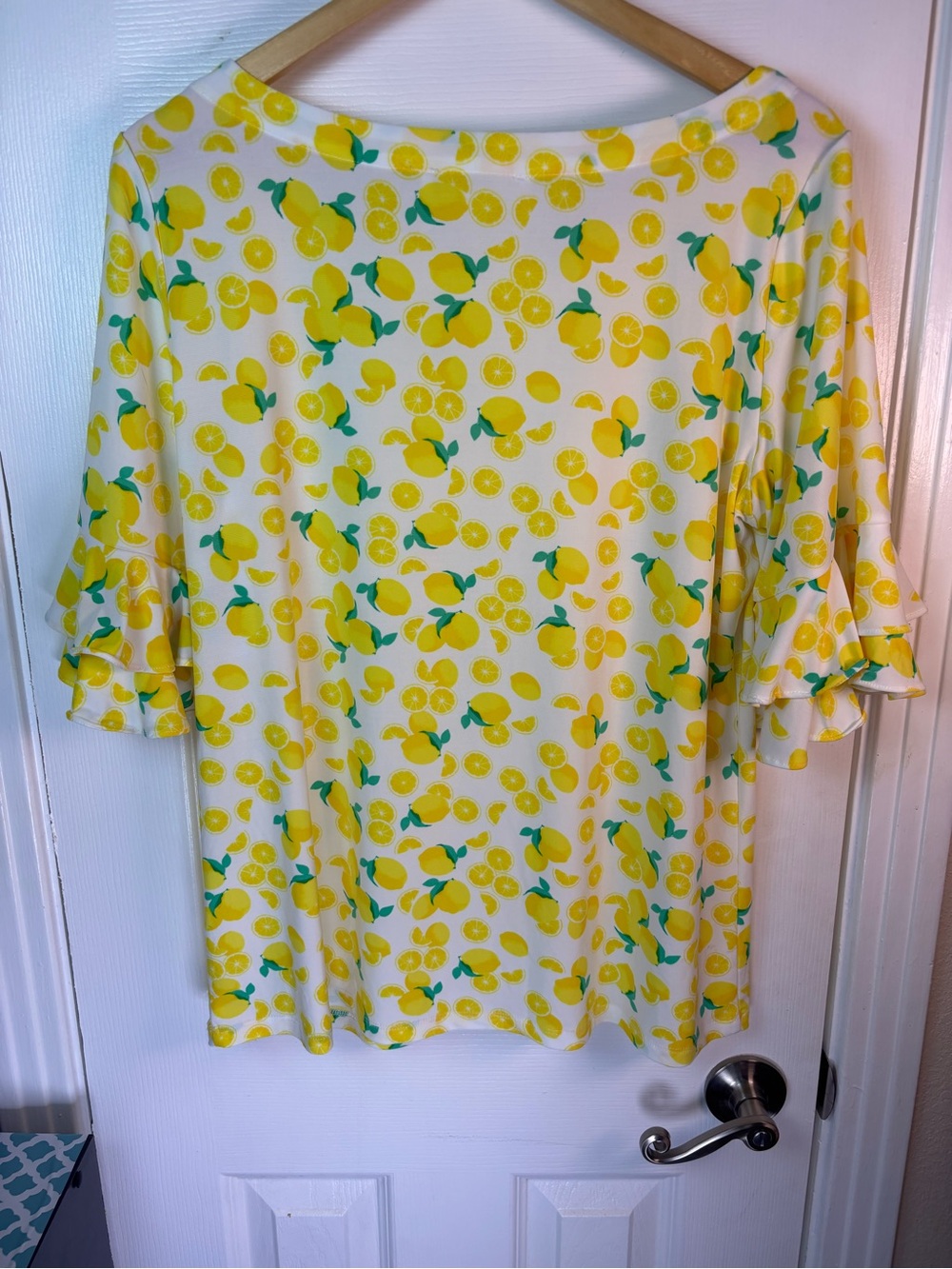 Kensie Yellow Lemon-Pattern Ruffle Sleeve Blouse - Picture 9 of 11